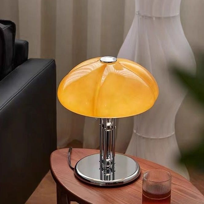 Mushroom Table Lamp | Retro Amber Glass Bedside Lamp with Chrome Stand for Bedroom, Living Room & Study | 30cm LED, Warm or 3-Colour, Dimmer Option