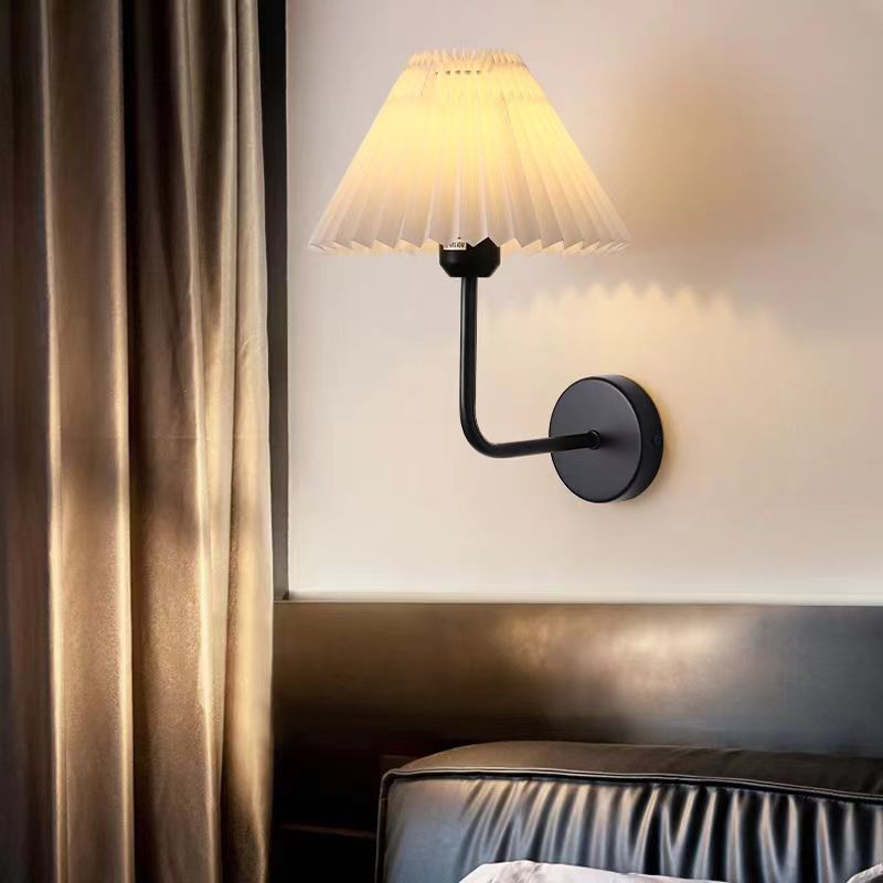 Wall Light | Pleated Fabric Shade Sconce with Curved Arm for Bedside, Bedroom & Living Room | Black or Brass, White or Apricot, E27