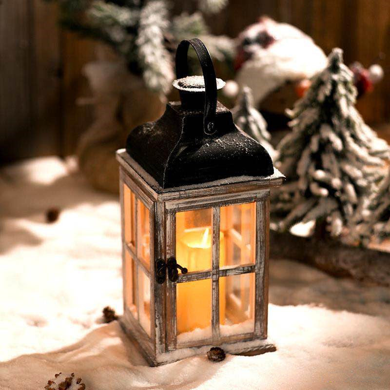 Rustic Wooden Lantern with Glass Panes for Garden, Doorstep, Mantelpiece & Windowsill