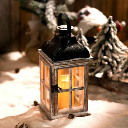 Rustic Wooden Lantern with Glass Panes for Garden, Doorstep, Mantelpiece & Windowsill