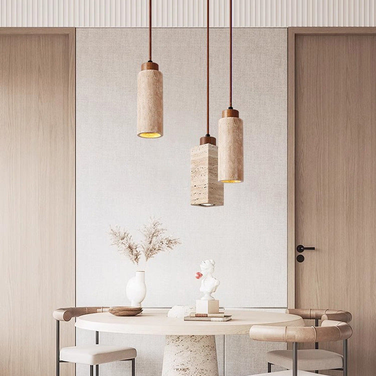 Pendant Light | Travertine Stone Column Lamp for Kitchen Island, Bedside & Hallway | Round or Square Wabi Sabi, Walnut Cap, 18.5cm or 23cm