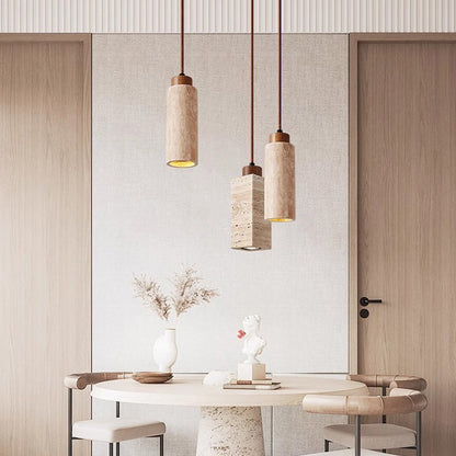 Pendant Light | Travertine Stone Column Lamp for Kitchen Island, Bedside & Hallway | Round or Square Wabi Sabi, Walnut Cap, 18.5cm or 23cm