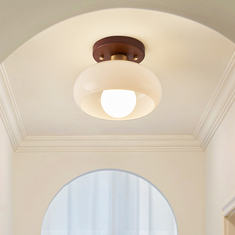 Flush Ceiling Light | French Cream Glass Ceiling Lamp with Walnut Trim for Hallway, Bedroom & Landing | 20cm or 28cm, Warm, Neutral or 3-Colour LED