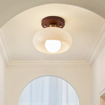 Flush Ceiling Light | French Cream Glass Ceiling Lamp with Walnut Trim for Hallway, Bedroom & Landing | 20cm or 28cm, Warm, Neutral or 3-Colour LED
