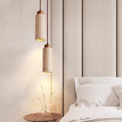 Pendant Light | Travertine Stone Column Lamp for Kitchen Island, Bedside & Hallway | Round or Square Wabi Sabi, Walnut Cap, 18.5cm or 23cm