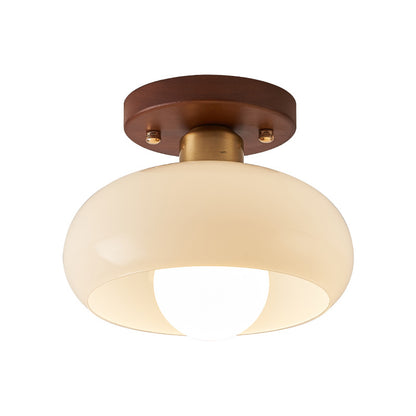 Flush Ceiling Light | French Cream Glass Ceiling Lamp with Walnut Trim for Hallway, Bedroom & Landing | 20cm or 28cm, Warm, Neutral or 3-Colour LED