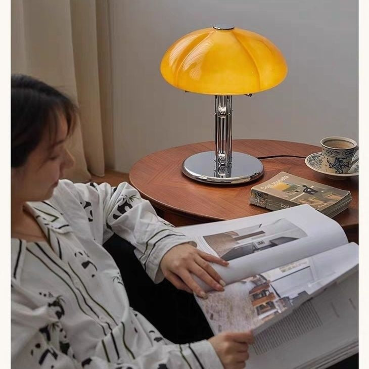 Mushroom Table Lamp | Retro Amber Glass Bedside Lamp with Chrome Stand for Bedroom, Living Room & Study | 30cm LED, Warm or 3-Colour, Dimmer Option