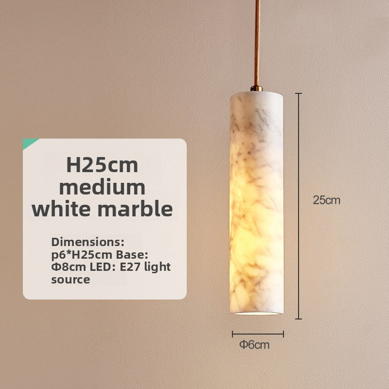 Pendant Light | Marble Cylinder Bedside Ceiling Lamp for Bedroom, Hallway & Dining | Natural Stone Tube Shade, Copper or Black Iron, 6x25cm, E27 Bulb Included