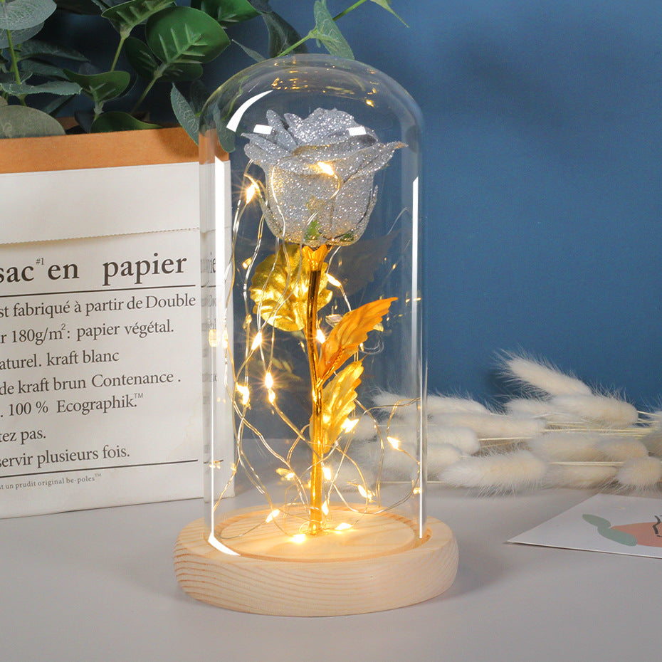 Rose in glass dome with warm LED light glowing