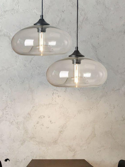 Pendant Light | Coloured Glass Oval Lamp for Dining Table, Kitchen Island & Bar | Clear, Smoke Grey, Amber, Coffee, Sky Blue or Red, Edison LED, 28cm