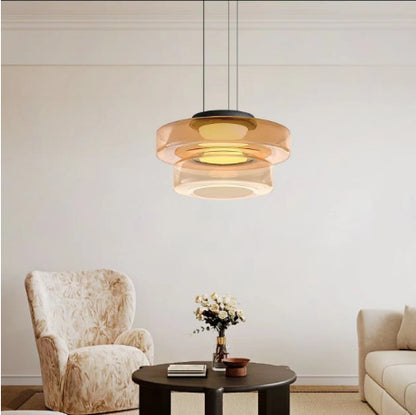 Pendant Light | Coloured Glass Drum Lamp for Dining Table, Kitchen Island & Bedroom | Nordic Ring, Amber, Smoke Grey or Green, 25–45cm, 2 or 3 Tiers