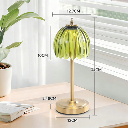 Rechargeable Table Lamp | Cordless Glass Flower Bedside Lamp for Bedroom & Dining | Touch Dimmable, Gold Stem, Green, Amber, White or Clear Glass