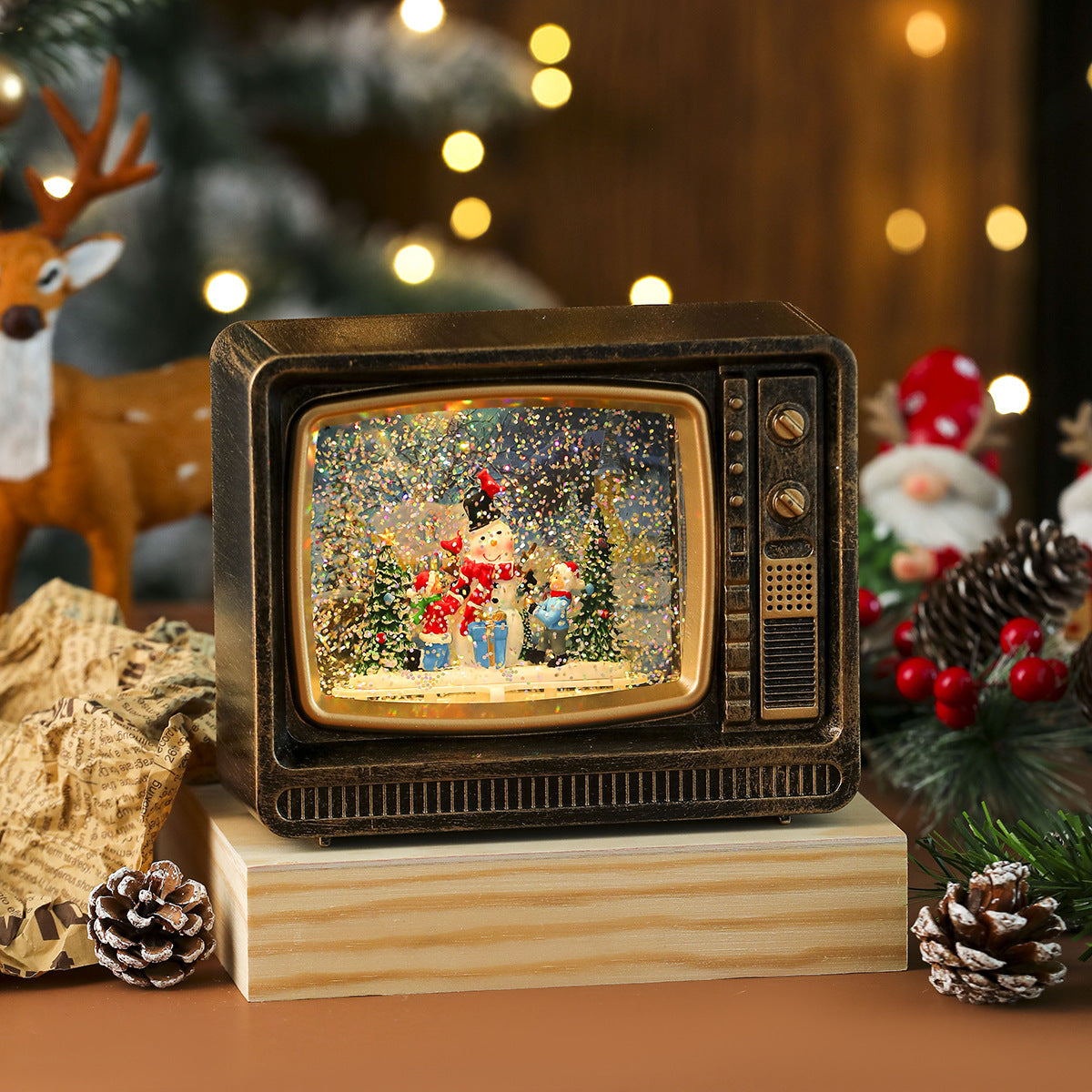 Musical Christmas Snowfall TV Lantern – Bronze, Snowman