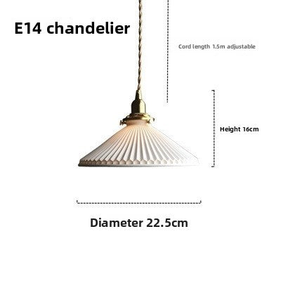 Pendant Light | Japanese Pleated Ceramic Lamp with Walnut or Brass Top for Kitchen Island, Dining Table & Bedside | White Ribbed Shade, 22.5cm