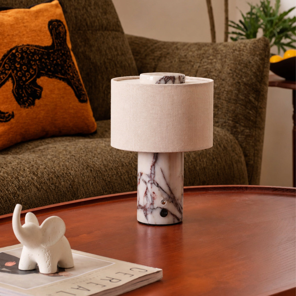 Rechargeable Table Lamp | Cordless Marble Bedside Lamp with Linen Drum Shade for Bedroom, Living Room & Dining | Touch Dimmable LED, 4 Finishes