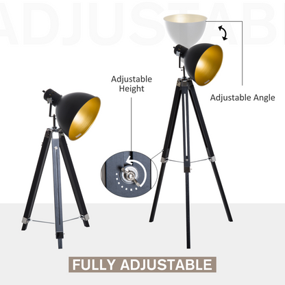 Floor Lamp | Retro Tripod Spotlight Lamp for Living Room, Bedroom & Office | Black Metal Shade, Pine Wood Legs, Adjustable 108–152cm, E27