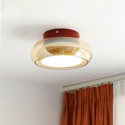 Flush Ceiling Light | Small Amber or Smoke Grey Glass Dome Lamp for Hallway, Landing, Bedroom & Porch | Mid-Century Style, 3-Colour LED, 20cm