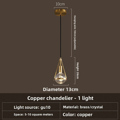 Pendant Light | Crystal Teardrop Mini Pendant with Brass Frame for Kitchen Island, Stairwell & Bedside | GU10 LED Included, 13cm