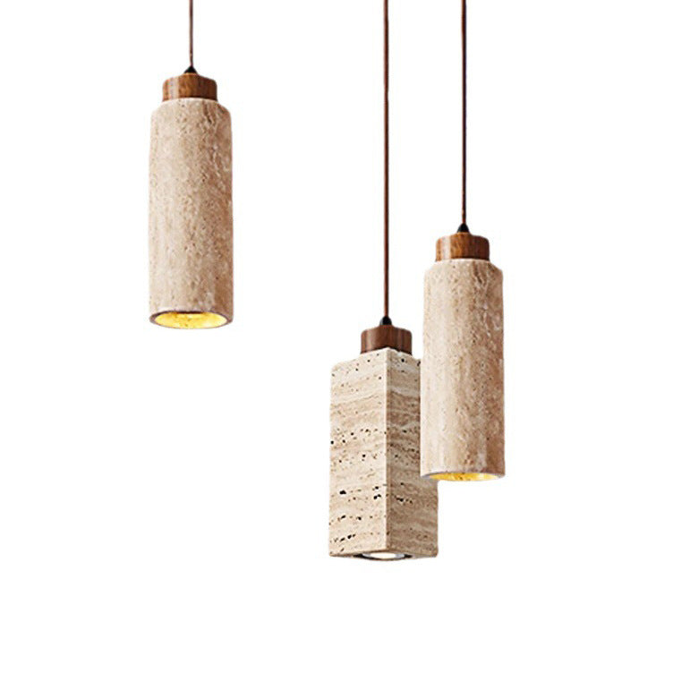 Pendant Light | Travertine Stone Column Lamp for Kitchen Island, Bedside & Hallway | Round or Square Wabi Sabi, Walnut Cap, 18.5cm or 23cm