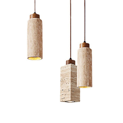 Pendant Light | Travertine Stone Column Lamp for Kitchen Island, Bedside & Hallway | Round or Square Wabi Sabi, Walnut Cap, 18.5cm or 23cm