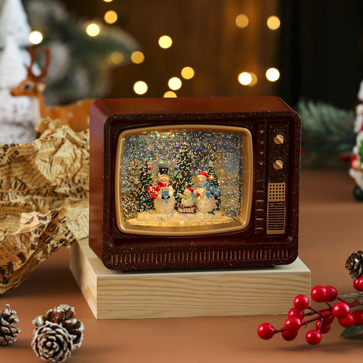 Musical Christmas Snowfall TV Lantern – Red, Snowman
