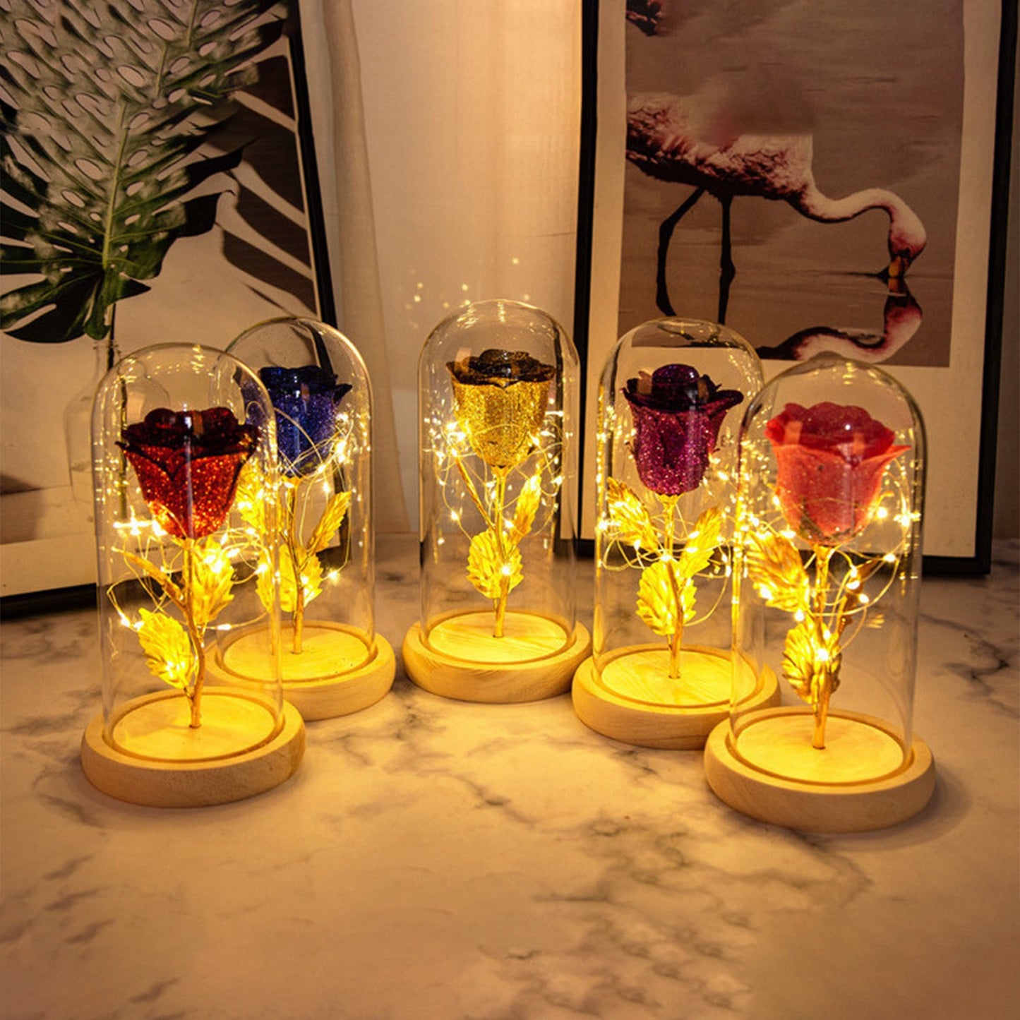 Preserved rose LED night light glass dome romantic gift