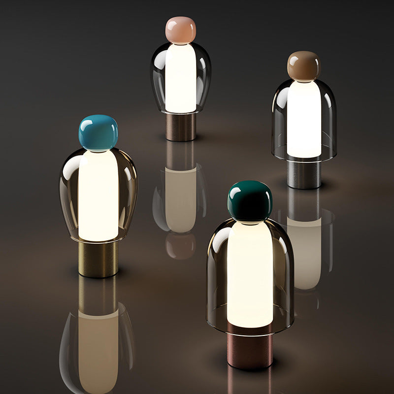 Rechargeable Table Lamp | Cordless Glass Bell Lamp for Dining Table, Bar & Bedside | Smoky Grey or Cognac Glass, Pink or Blue Top, Dimmable, 32cm
