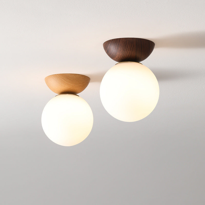 Wood and opal glass globe semi flush ceiling light – product detail 1