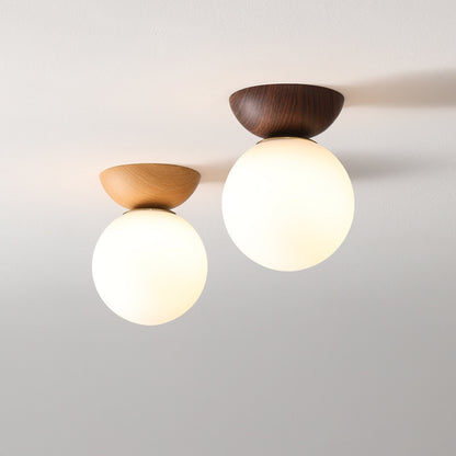 Wood and opal glass globe semi flush ceiling light – product detail 1
