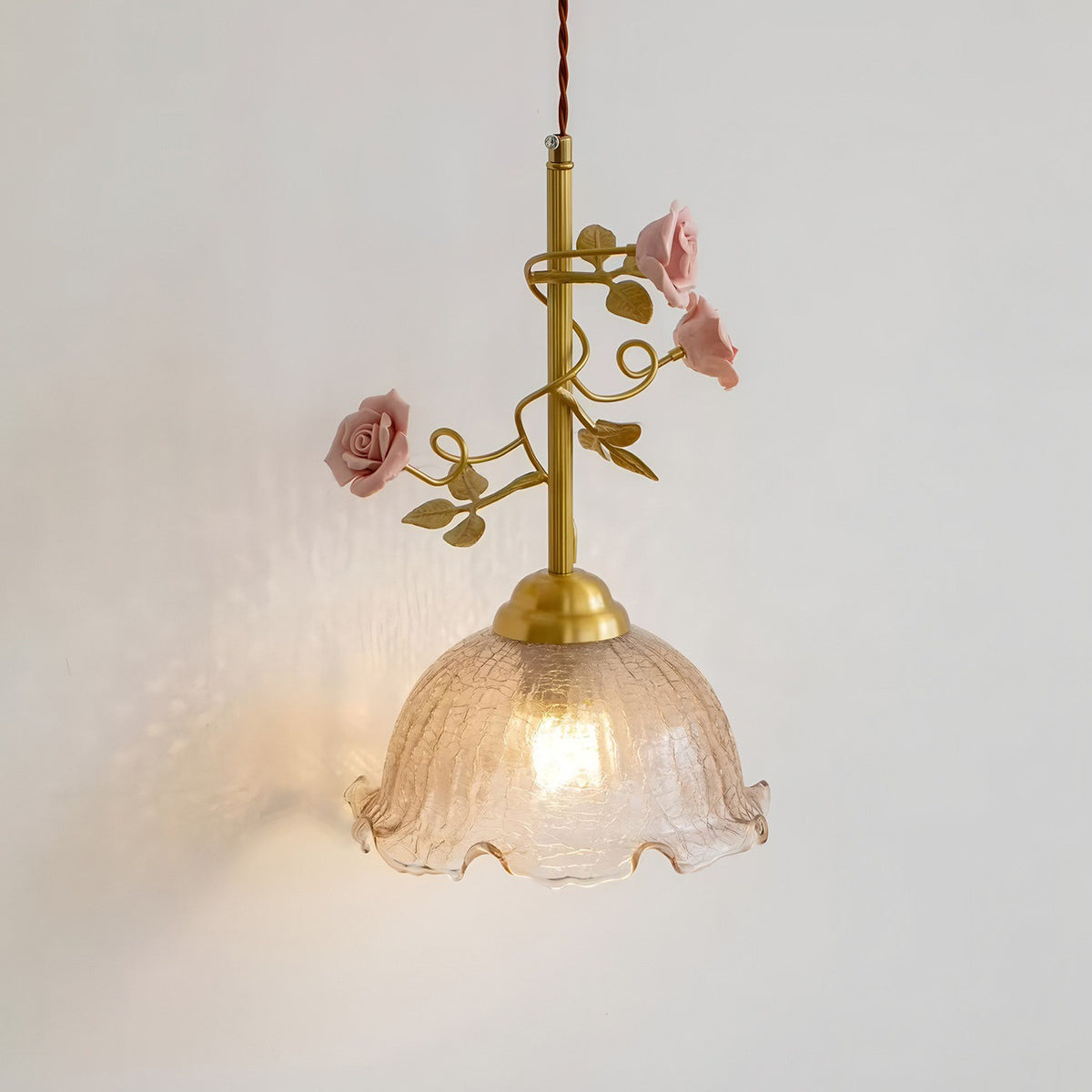 Pendant Light | French Rose Glass Bedside Lamp for Bedroom, Hallway & Dressing Room | Vintage Brass Floral, Ribbed Shade, E27 Bulb Included, 22cm