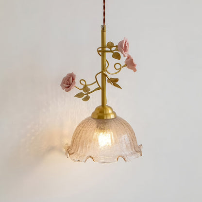 Pendant Light | French Rose Glass Bedside Lamp for Bedroom, Hallway & Dressing Room | Vintage Brass Floral, Ribbed Shade, E27 Bulb Included, 22cm