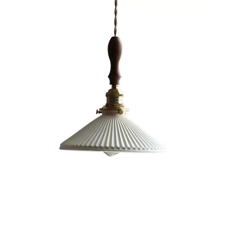 Pendant Light | Japanese Pleated Ceramic Lamp with Walnut or Brass Top for Kitchen Island, Dining Table & Bedside | White Ribbed Shade, 22.5cm