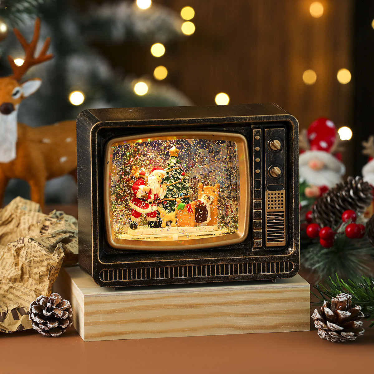 Musical Christmas Snowfall TV Lantern – Bronze, Father Christmas