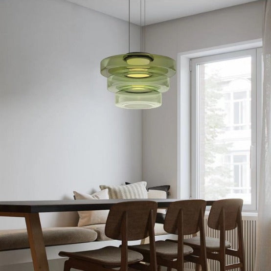 Pendant Light | Coloured Glass Drum Lamp for Dining Table, Kitchen Island & Bedroom | Nordic Ring, Amber, Smoke Grey or Green, 25–45cm, 2 or 3 Tiers