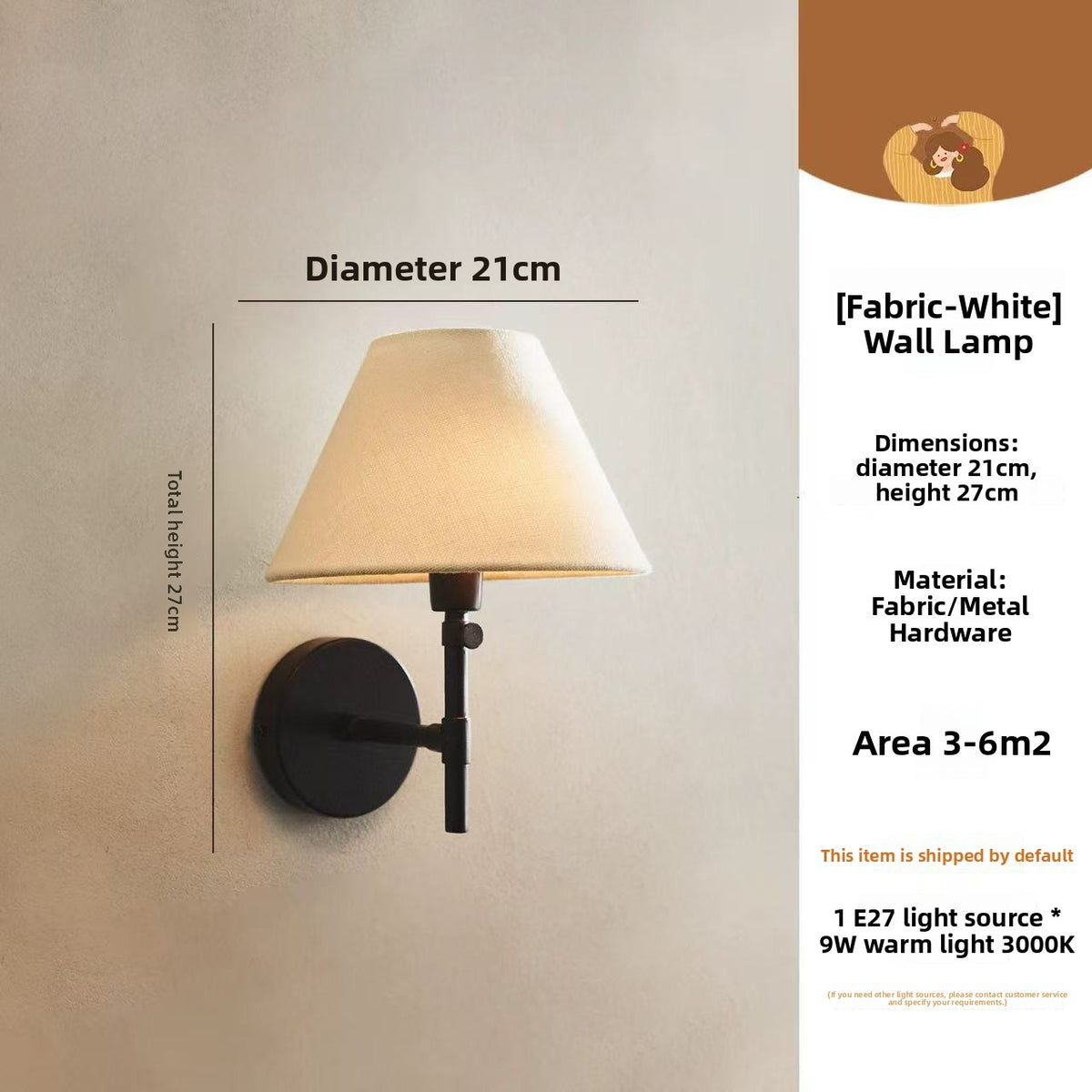 Wall Light | Linen Coolie Shade Sconce with Black Arm for Bedside, Hallway & Living Room | Beige or White Fabric, Warm White LED, 21cm