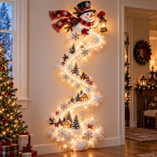 LED Magic Trail Christmas wall light – snowman design, lit on a hallway wall