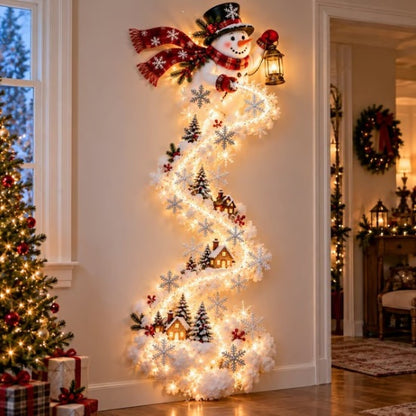 LED Magic Trail Christmas wall light – snowman design, lit on a hallway wall