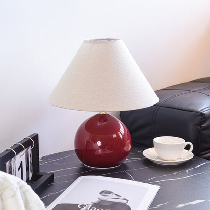 Table Lamp | Red Ceramic Ball Bedside Lamp with Cream Fabric Shade for Bedroom, Living Room & Study | Warm, 3-Colour or Dimmable LED, 36cm, UK Plug