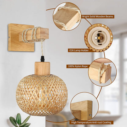 Woven Bamboo Wall Sconce with Wooden Arm for Bedroom, Bedside & Living Room – photo 6