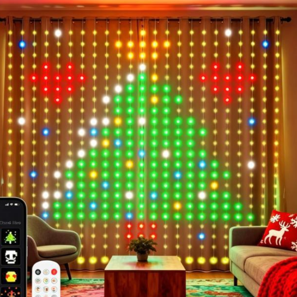 App-controlled colour changing LED curtain lights showing a Christmas tree