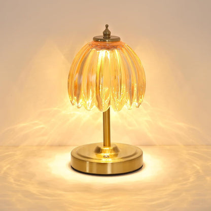 Rechargeable Table Lamp | Cordless Glass Flower Bedside Lamp for Bedroom & Dining | Touch Dimmable, Gold Stem, Green, Amber, White or Clear Glass