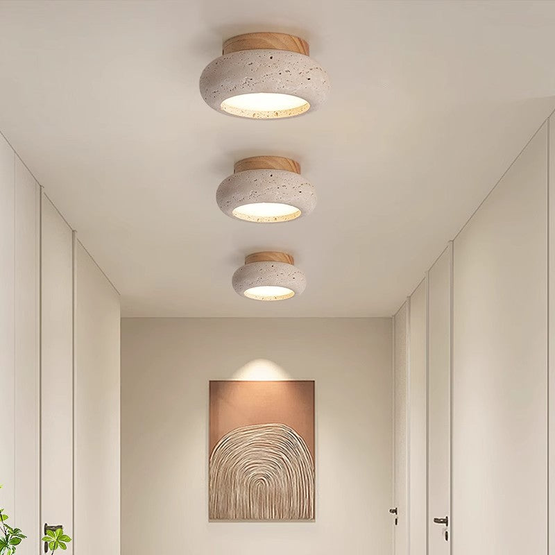 Travertine and wood flush ceiling light – product detail 1