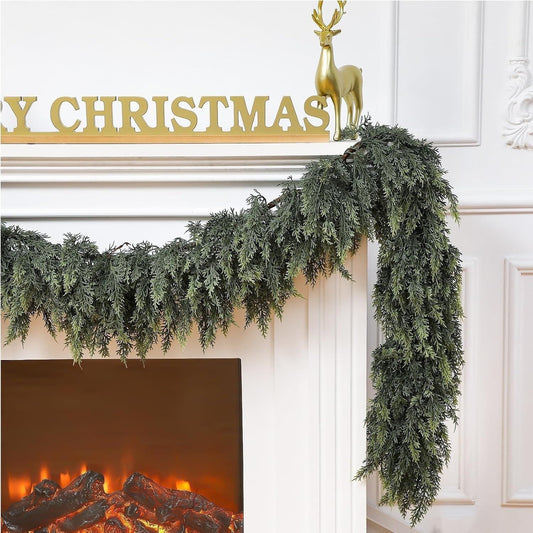 Pre-Lit Artificial Cedar Garland with Warm White LED Lights for Fireplace, Mantelpiece, Staircase & Front Door