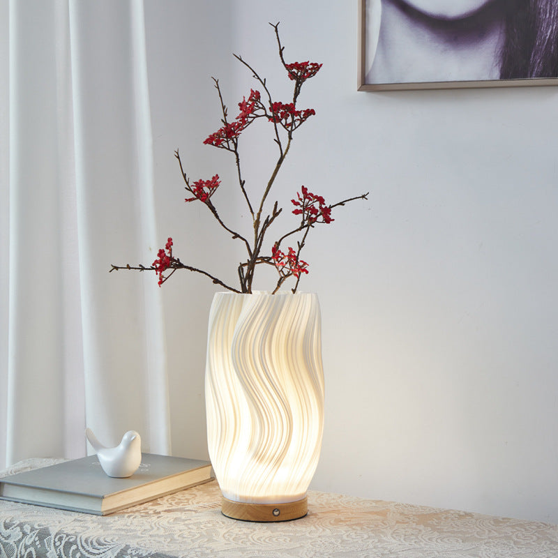 Table Lamp | Sculptural Ribbed Bedside Lamp for Bedroom, Living Room & Desk | USB Powered, Warm LED Glow, Wooden Base, 5 Styles, 25–29cm