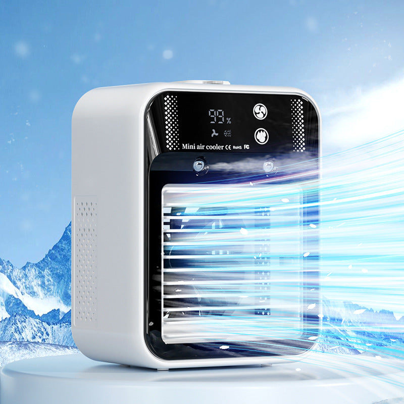Portable cooling fan water mist feature close-up