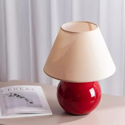 Table Lamp | Red Ceramic Ball Bedside Lamp with Cream Fabric Shade for Bedroom, Living Room & Study | Warm, 3-Colour or Dimmable LED, 36cm, UK Plug
