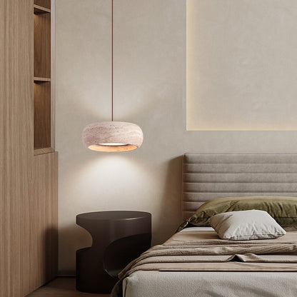 Pendant Light | Travertine Stone Disc Lamp for Bedside, Kitchen Island & Dining Table | Natural Travertine, Wabi Sabi, 3-Colour or Dimmable LED, 20cm