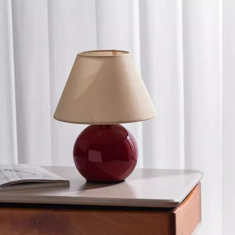 Table Lamp | Red Ceramic Ball Bedside Lamp with Cream Fabric Shade for Bedroom, Living Room & Study | Warm, 3-Colour or Dimmable LED, 36cm, UK Plug