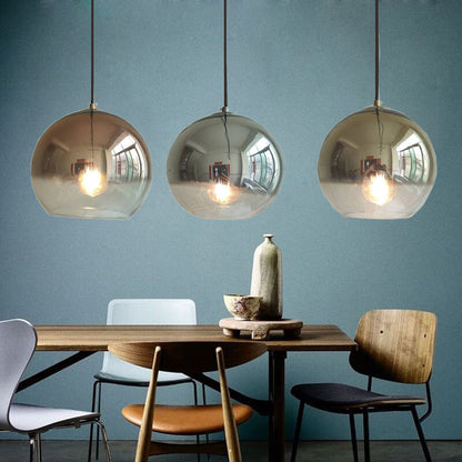 Pendant Light | Gradient Glass Globe Lamp for Dining Table & Kitchen Island | Mirror Ball, Silver, Gold or Rose Gold, Edison Bulb Included, 20–30cm
