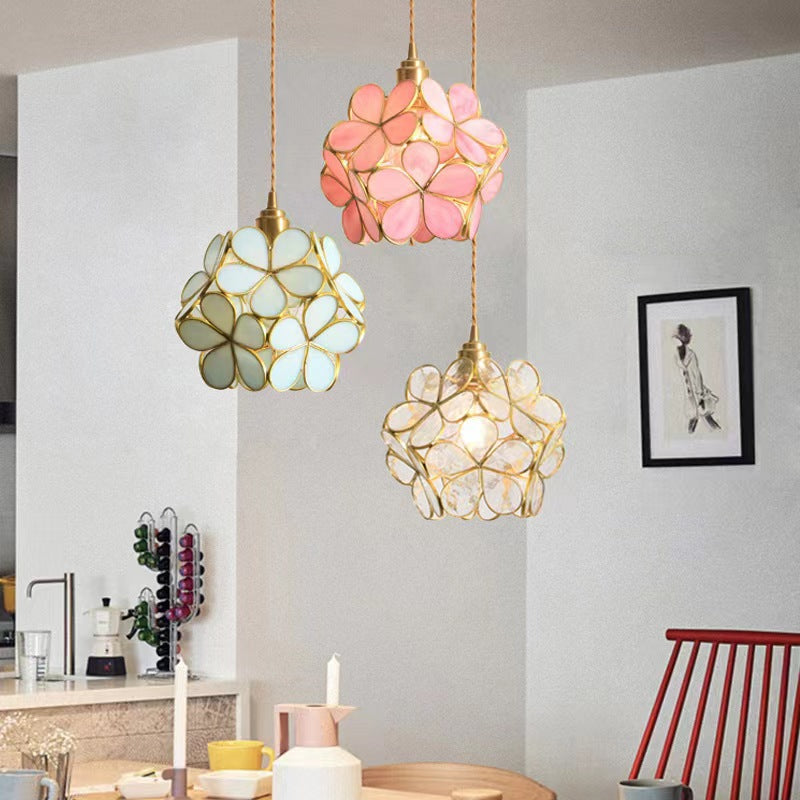Pendant Light | Glass Petal Ball Bedside Lamp for Girl's Bedroom, Nursery & Hallway | Brass-Framed Flower Shade, Clear, Pink, Green or Blue, 22cm